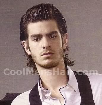 Picture of Andrew Garfield pompadour hairstyle for guys.