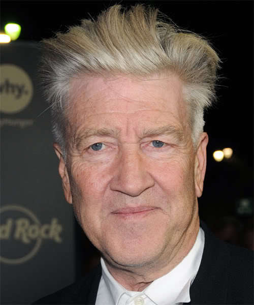 Photo of David Lynch gray pompadour hairstyle.