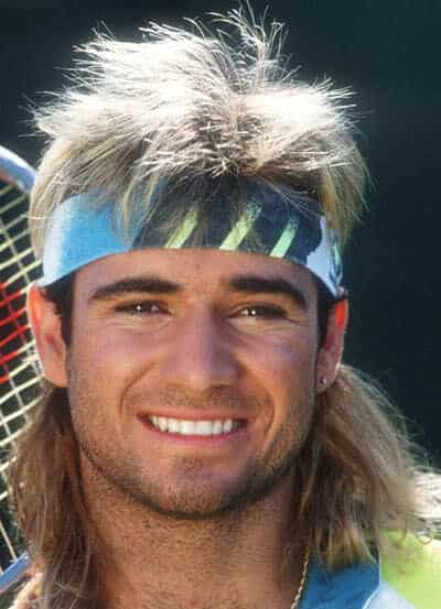 Photo of Andre Agassi mullet hairstyle.