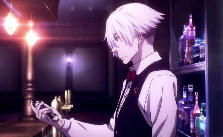 Anime character with silver hair in a bar setting.