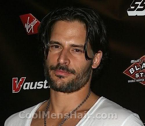 Photo of Joe Manganiello hairstyle, mustache, and berad.