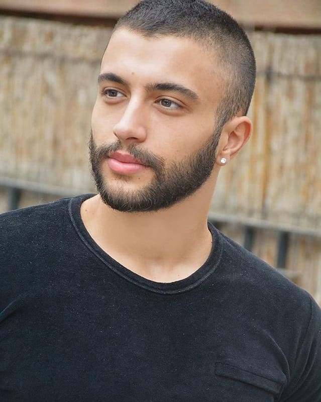 short hairstyle with low fade and beard