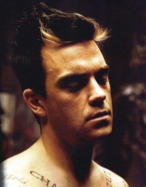 Image of Robbie Williams hair with blonde streak.