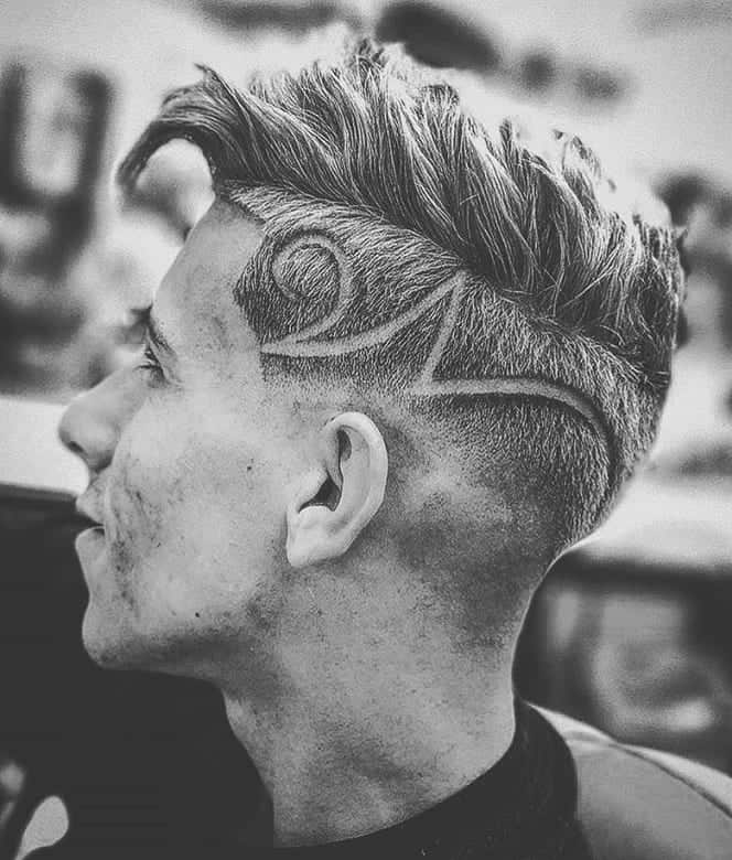 long on top with shaved sides and design